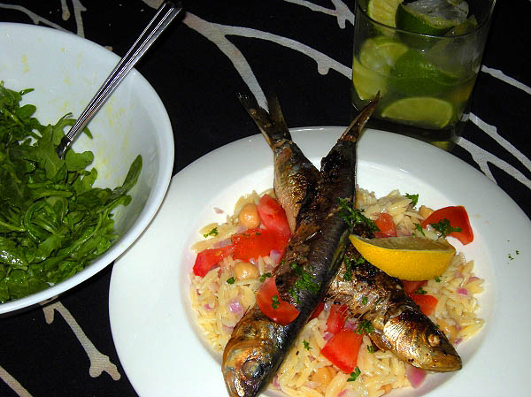 Grilled Sardines with Tomatoes and Orzo with Arugula Salad