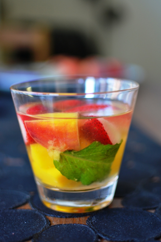 White Sangria with Peaches, Strawberries, Mint, and St. Germain