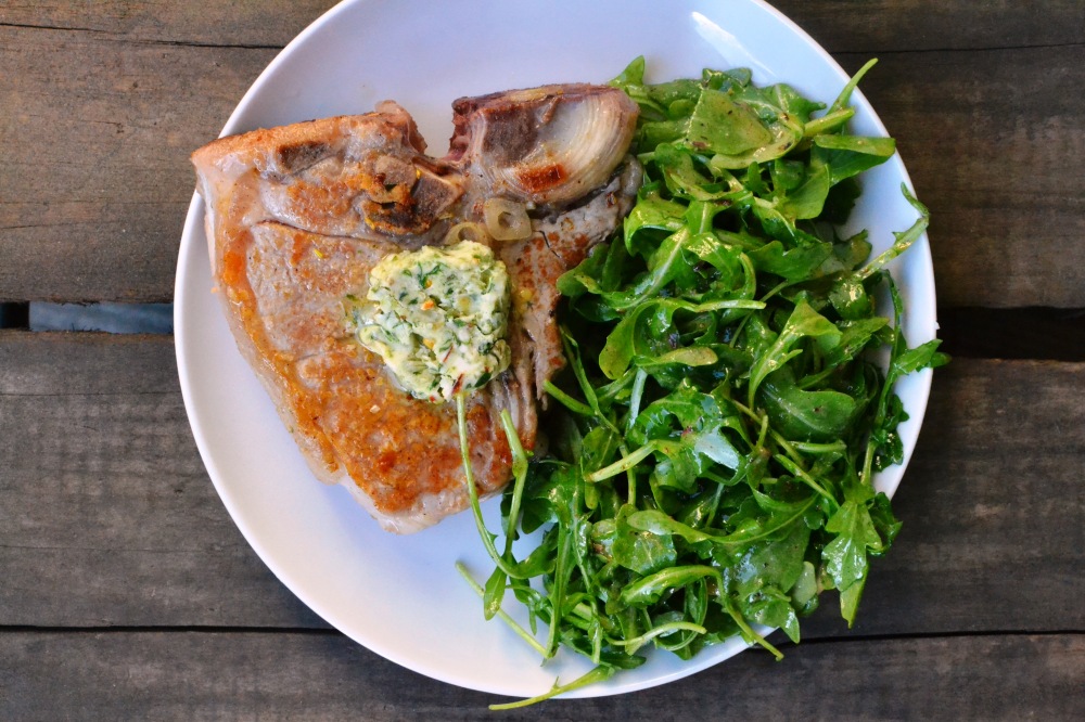 Veal Porterhouse Steaks with Ramp Butter and Arugula Salad